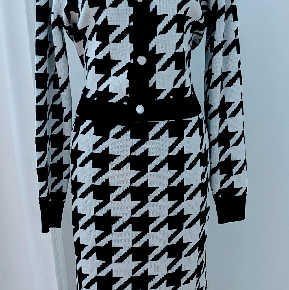 Black and White Houndstooth Knit Dress